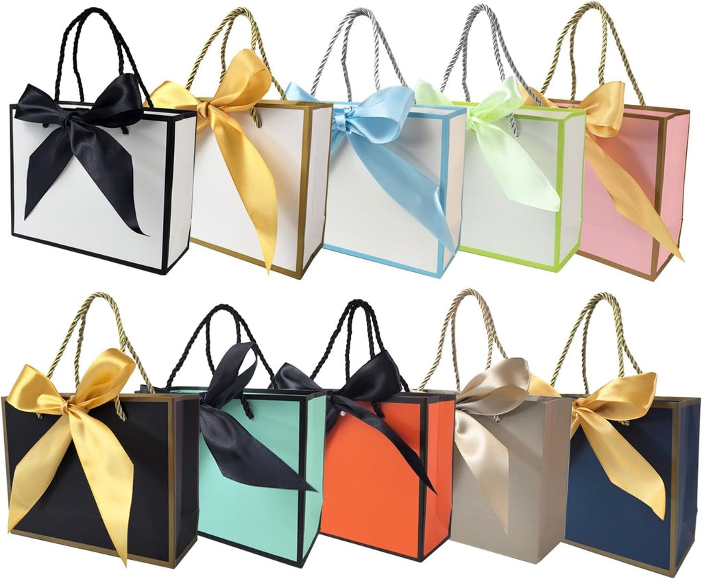10 Pack Gift Bags with Handles & Ribbon, Assorted Colors Party Favor Bags Bulk for kids Birthday, Baby Shower, Bridal Shower, Back to School-Small