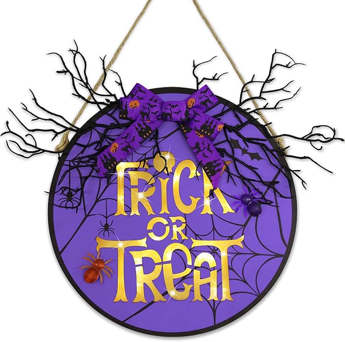 Halloween Door Decorations Trick or Treat Sign Lighted Halloween Wreath Spider Web Spider Bat Dead Tree Branches Bow Welcome Sign