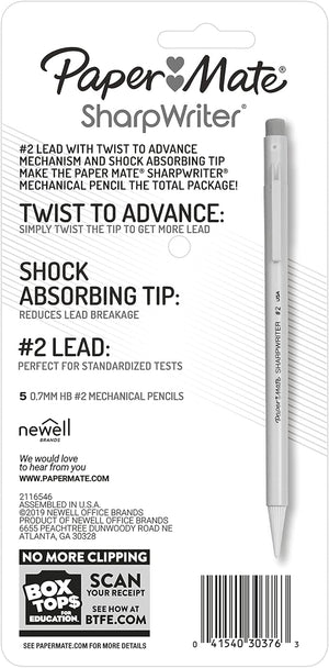 Papermate 3037631PP SharpWriter Mechanical Pencils, Twistable Tip, 0.7 Mm, Pack of 1 Blister, Total 5 Pencils