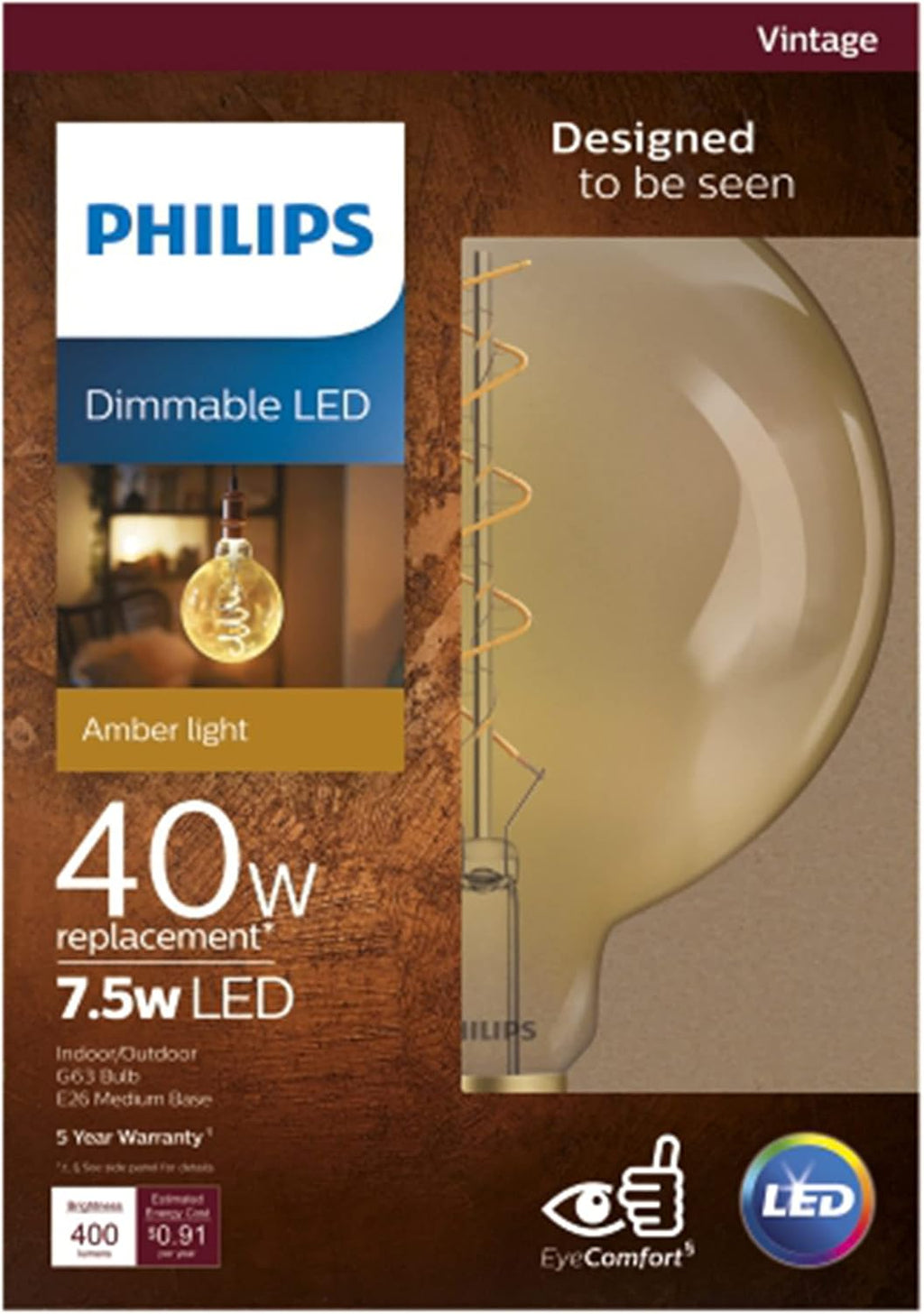 Philips 40W Equivalent Amber G63 Medium Dimmable LED Decorative Light Bulb -ROUND BULB