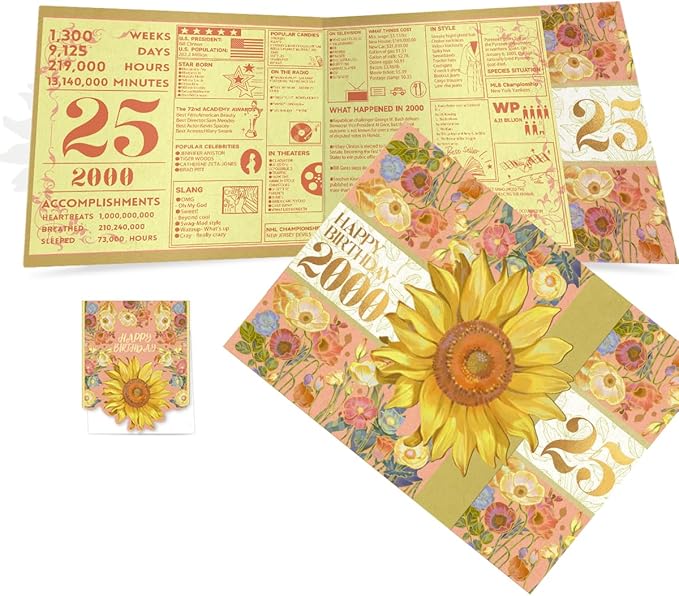 2025 25th Birthday Greeting Card, 25 Years Old Birthday Gift Card, Memory Back In 2000, Sunflower (Envelope)