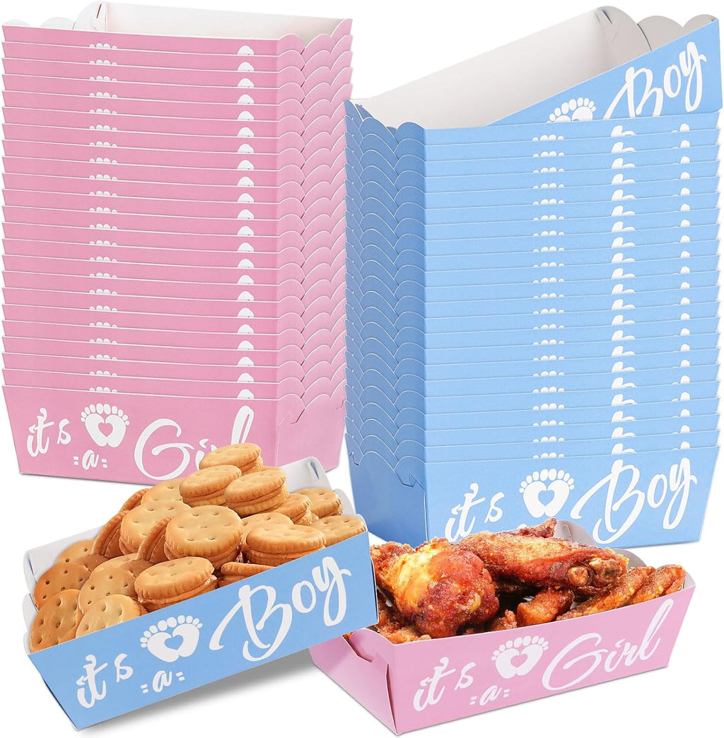 Gender Reveal Party Decorations 48 Pcs Disposable Party Supplies Gender Reveal Plates It's a Girl It's a Boy Design Paper Food Boats for Hot Dog BBQ Nacho Crawfish Picnics Popcorn