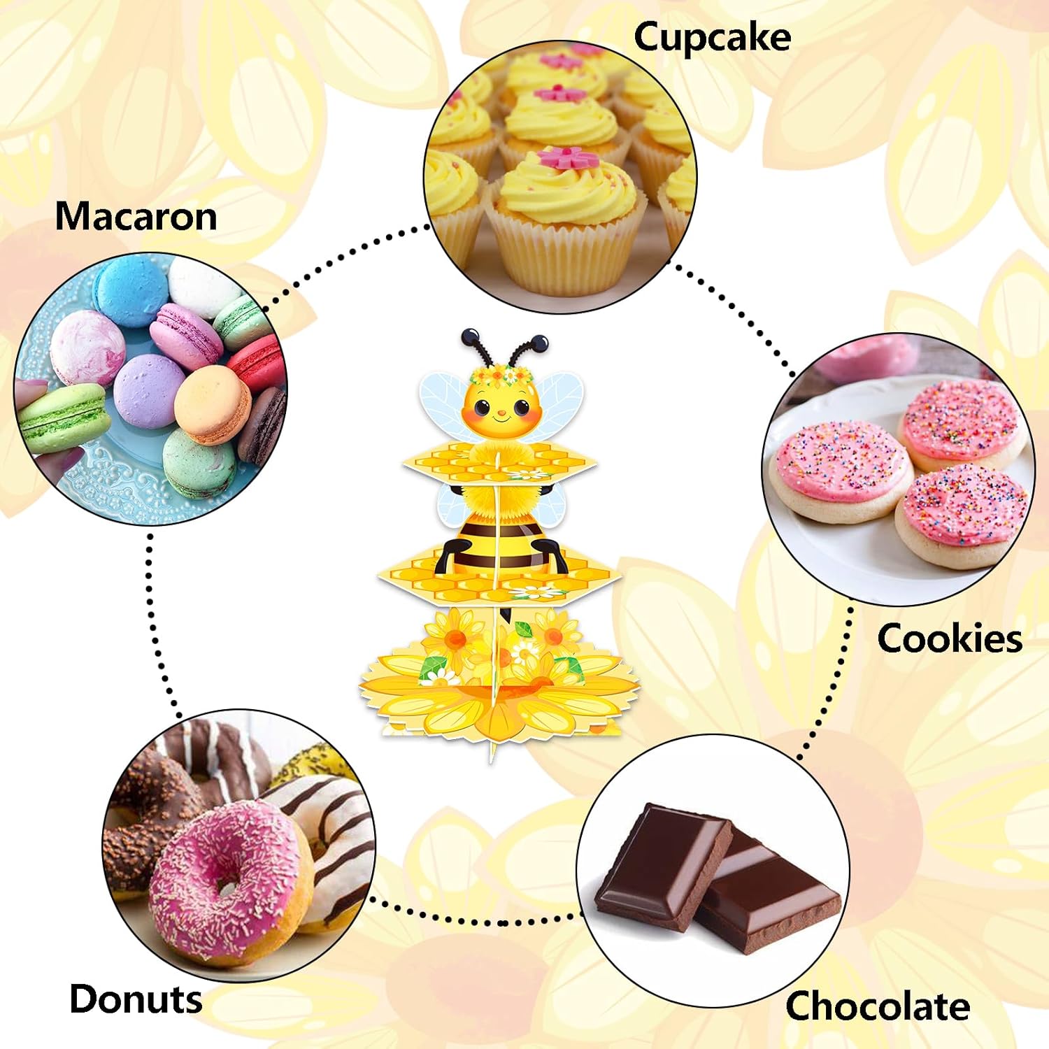 3 Tier Cupcake Stand, Bee Sunflower Party Decorations Cardboard Dessert Stand Bee Themed Cupcake Display Stand Honeycomb Cupcake Holder Stand for Birthday Party Supplies