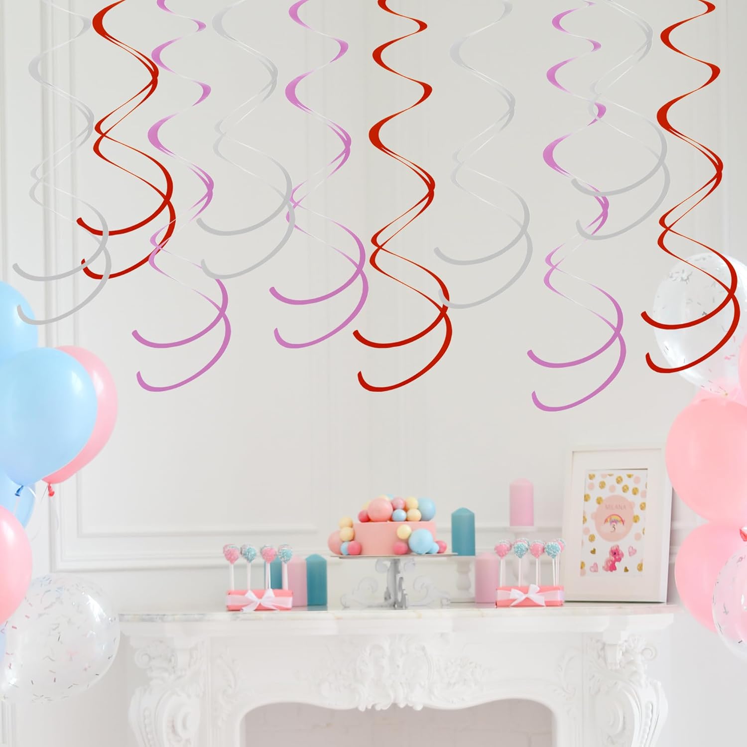 Ceiling Swirl Foil Decorations Hanging Plastic Streamer Themed Swirl Party Valentine’s Day Decoration, Pack of 28 (Sliver, Red and Pink)
