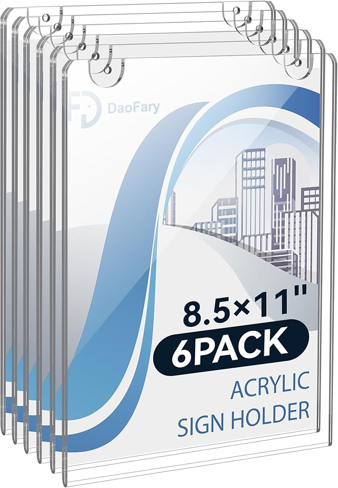 6 Pack Wall Mount Acrylic Sign Holder 8.5 x 11 Clear Display Stand, Double Sided Flyer Holder Plastic for Picture Paper Frame Home Office Menu Retail Show Fair