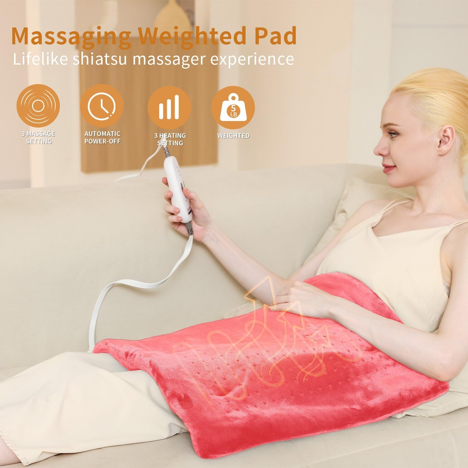 Massaging Weighted Heating Pad for Back Pain Relief,Heating Pads for Neck, Shoulder,Cramp,Portable Heated Pad with 3 Heat Settings & 6 Massage,18 Relaxing Combinations, Auto Off,20"*24",Grapefruit Red