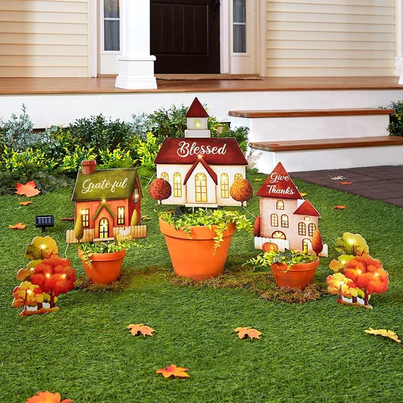 Solar Lighted Harvest Village Stakes (5-Piece Set)
