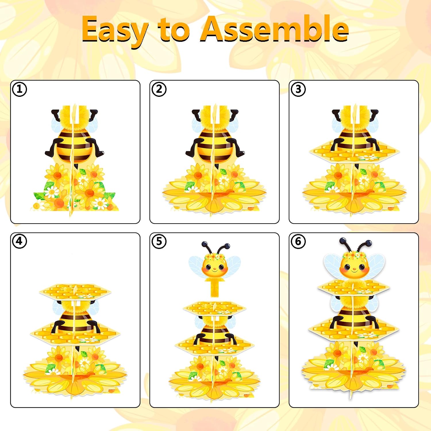 3 Tier Cupcake Stand, Bee Sunflower Party Decorations Cardboard Dessert Stand Bee Themed Cupcake Display Stand Honeycomb Cupcake Holder Stand for Birthday Party Supplies