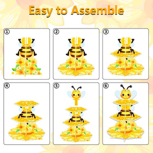 3 Tier Cupcake Stand, Bee Sunflower Party Decorations Cardboard Dessert Stand Bee Themed Cupcake Display Stand Honeycomb Cupcake Holder Stand for Birthday Party Supplies