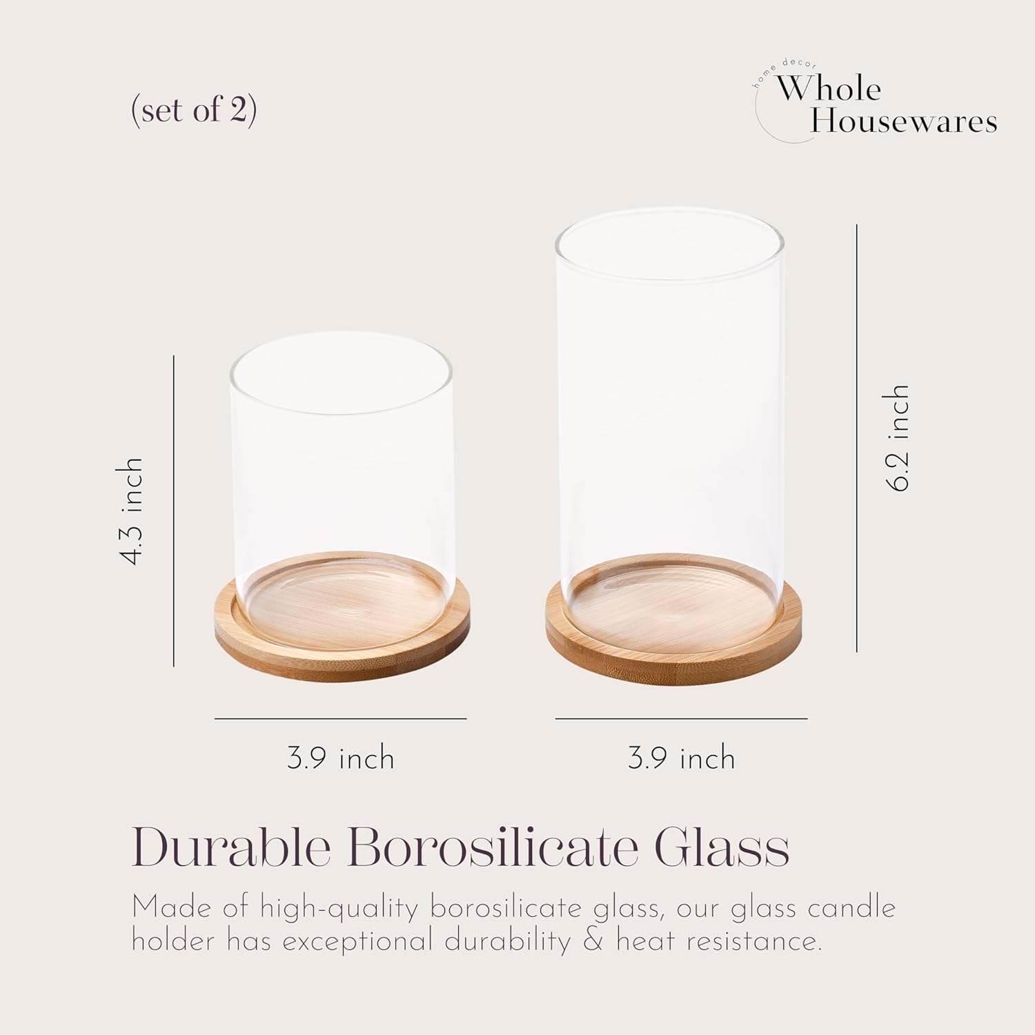 WHOLE HOUSEWARES Glass Candles Holders with Wooden Base - Tall Glass Hurricane Candle Holder - for Wedding Centerpieces - Table Decorations - Set of 2-4.3x3.9 and 6.2x3.9 (Wood Brown)