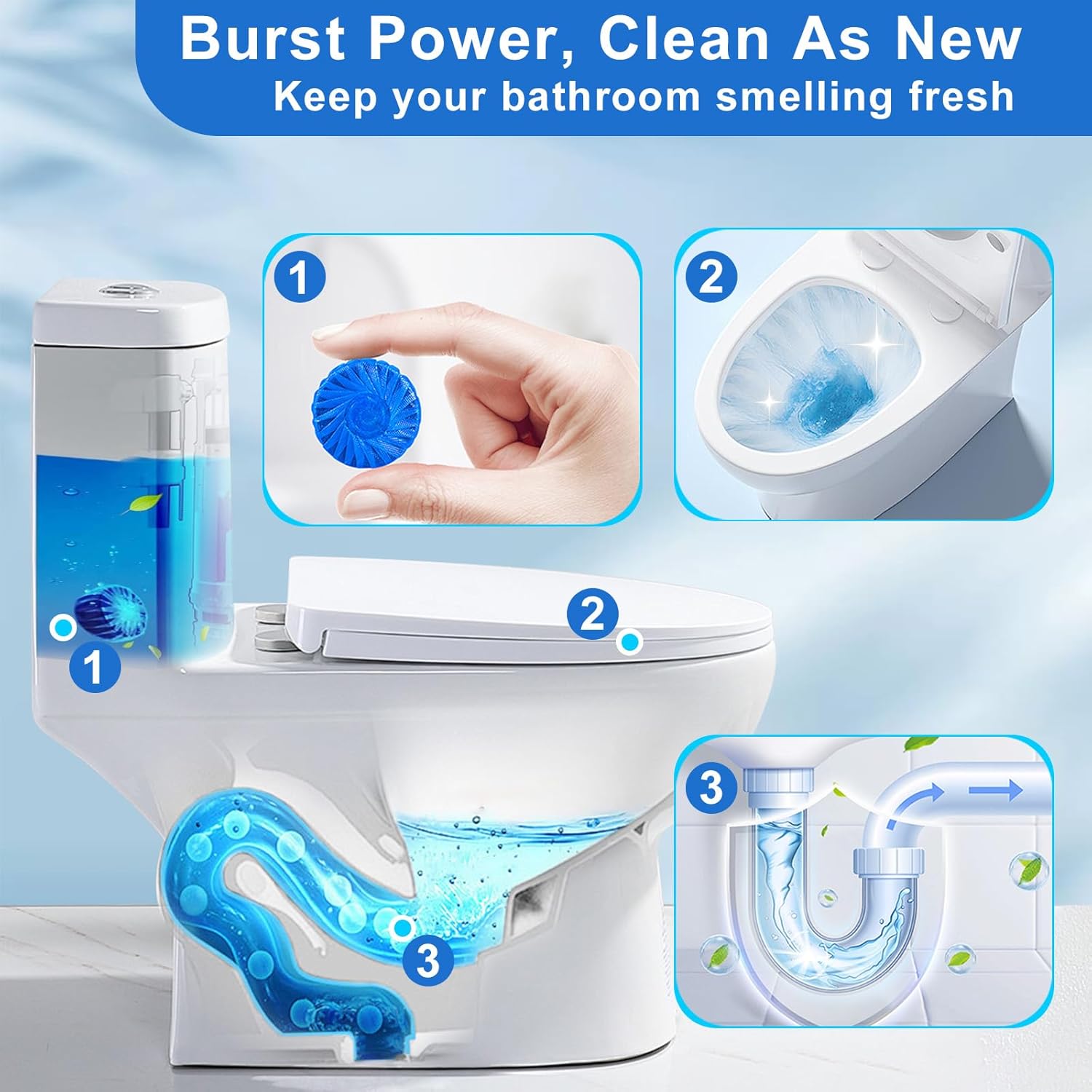 Toilet Bowl Cleaners, Upgraded Blue Automatic Toilet Tank Cleaner Tablets for Deodorizing & Descaling, Long-Lasting Against Tough Stains, 43 oz/16 Packs