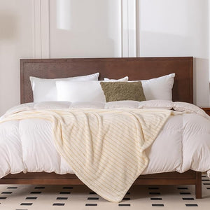 Super Soft Flannel Twin Blanket 60x80 Inches, Premium Gold Glitter Stripes Silky Fleece Lightweight Bed Blanket All Season Use, Ivory, 60"x80"