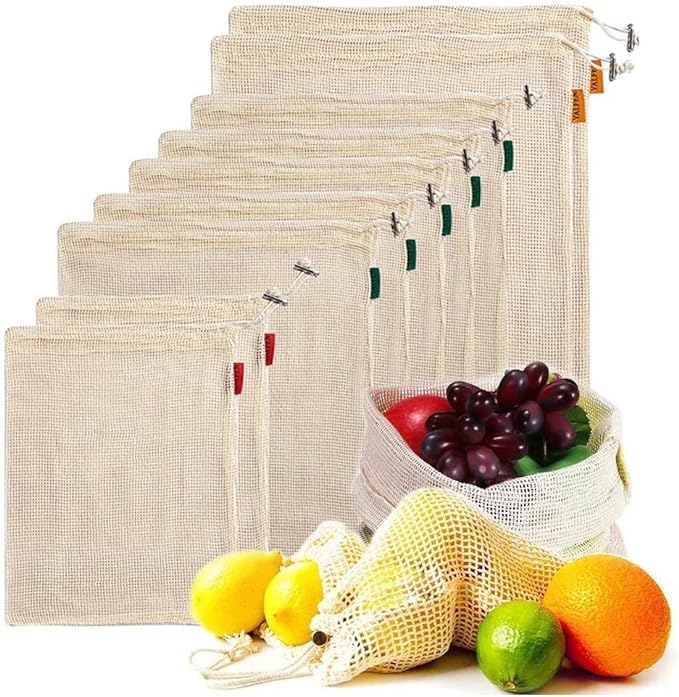 9 PCS Set of Reusable Mesh Produce Bags for Grocery, Vegetable & Storage Cotton Bags