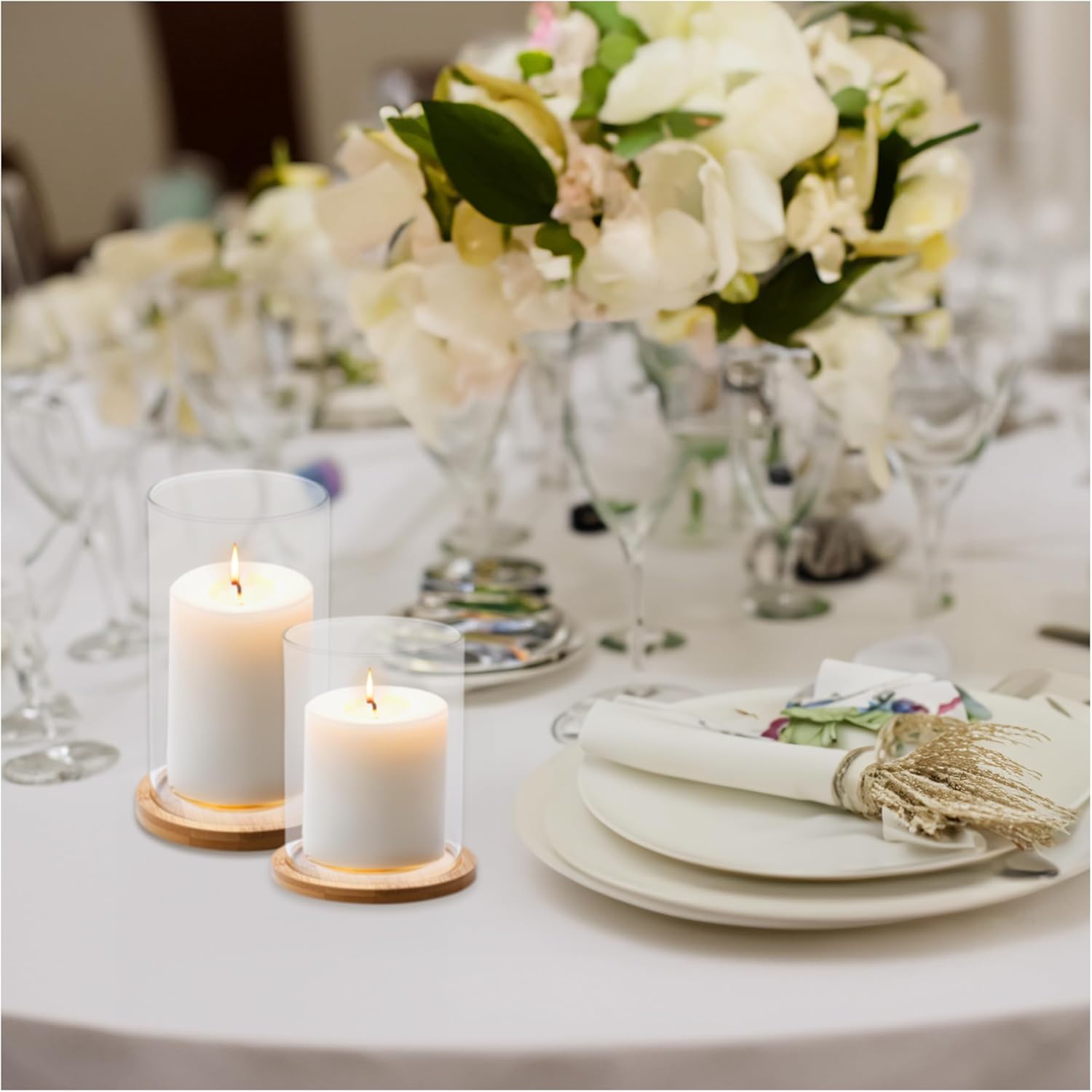 WHOLE HOUSEWARES Glass Candles Holders with Wooden Base - Tall Glass Hurricane Candle Holder - for Wedding Centerpieces - Table Decorations - Set of 2-4.3x3.9 and 6.2x3.9 (Wood Brown)