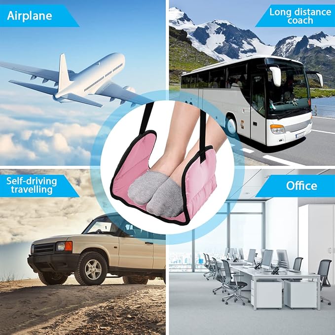 Airplane Footrest Made with Premium Memory Foam - Airplane Travel Foot Hammack, No Clashing Foot Hammock & Portable Plane Leg Rest, Provides Relaxation & Comfortable for Long Flight, Pink