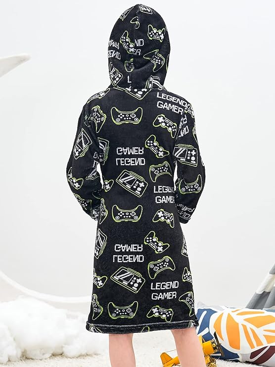 Boys Soft Hooded Bathrobe Kids Warm Gamer Fleece Robe Sleepwear 12-13 yrs