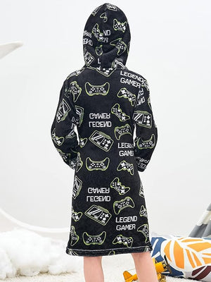 Boys Soft Hooded Bathrobe Kids Warm Gamer Fleece Robe Sleepwear 12-13 yrs