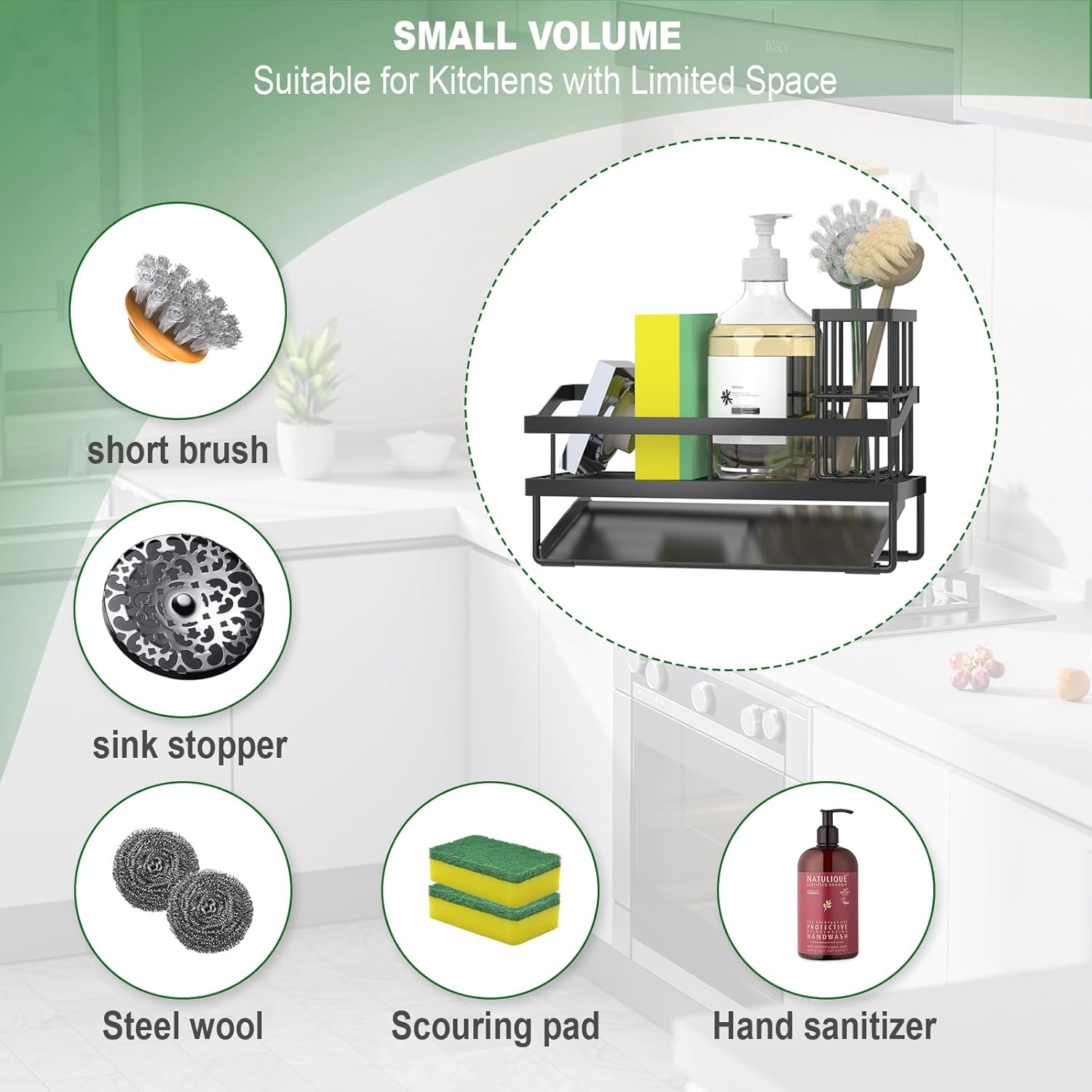 Kitchen Sink Caddy Sponge Holder, Kitchen Sink Organzier and Storage with High Brush Holder, Rustproof 304 Stainless Gadgets Dish Sponge Organizer (Black