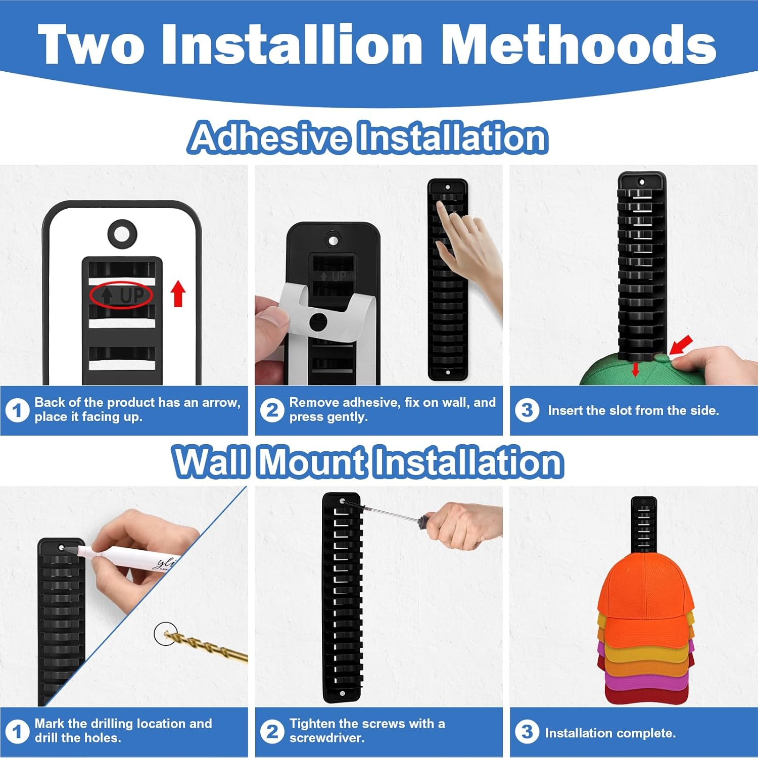 Hat Organizer for Baseball Caps, 1 Pack Hat Rack Adhesive Hat Hooks for Wall Hold Up to 16 Hats, 10.3 * 2.1 inch Hat Storage Display Hat Hanger Holder for Door Closet-Blue