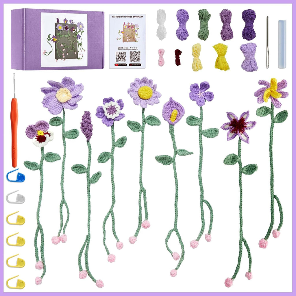 Crochet Kits for Beginners 9PCS Flower Bookmarks Crocheting Kit with Yarn & Hook & Video Tutorial for All The Flowers Crochets Kits for Starters Idea Birthday Gifts Women Adults Kids, Purple Flower