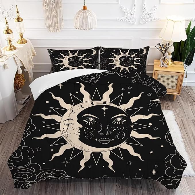 Black Sun and Moon Queen Comforter Set for Girls Women Kids Boho Celestial Bedding Bohemian Occult Crescent Solar Stars Quilt Set 1 Comforter + 2 Pillow Cases