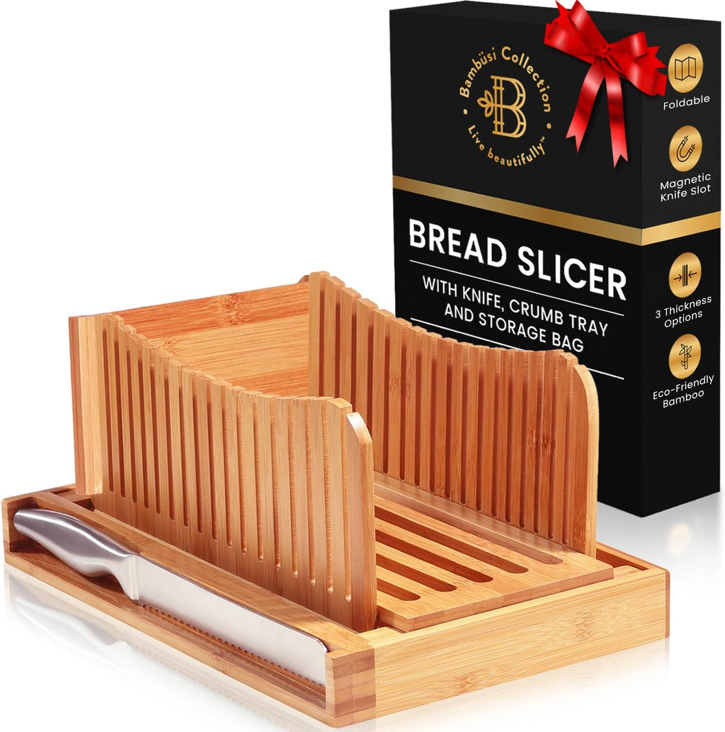 Bread Slicer for Homemade Bread - Bamboo Bread Cutter with Knife, Foldable Slicing Guide, Crumb Tray - Compact Bread Loaf Slicer for Cakes, Bagels, Loaves