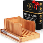 Bread Slicer for Homemade Bread - Bamboo Bread Cutter with Knife, Foldable Slicing Guide, Crumb Tray - Compact Bread Loaf Slicer for Cakes, Bagels, Loaves