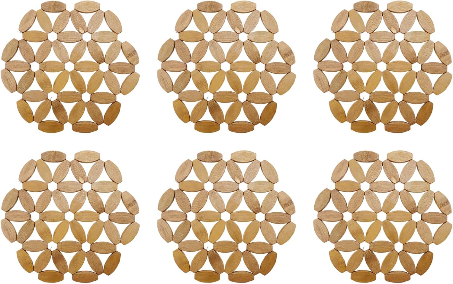 Wooden Trivets,6pcs Natural Bamboo Trivet Mat,8" Kitchen Wood Hot Pads Trivet-Heat Resistant Pads for Hot Dishes- Hexagon