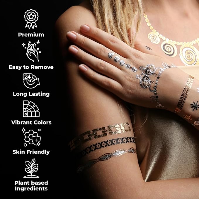 Vanli's Metallic 10 Temporary Tattoo Markers, Temporary Tattoo Pens with 30 Tattoo Stencils