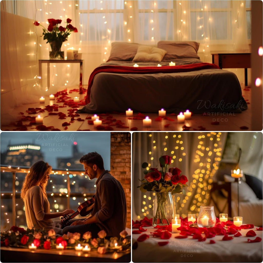 WAKISAKI (3-in-1 Set) 300 Pcs Fake Rose Petals for Romantic Night for Her or Him, 12 Pack LED Tea Lights Fake Candles Battery Operated, 20FT LED String Lights with 3 Modes, for Romantic Decoration