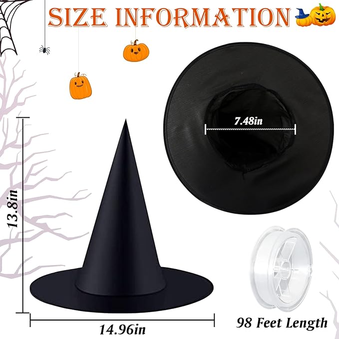 12  Halloween Black Witch Hats with 98Feet Rope Hanging Decorations Witch Costume Accessory for Halloween Party Decor