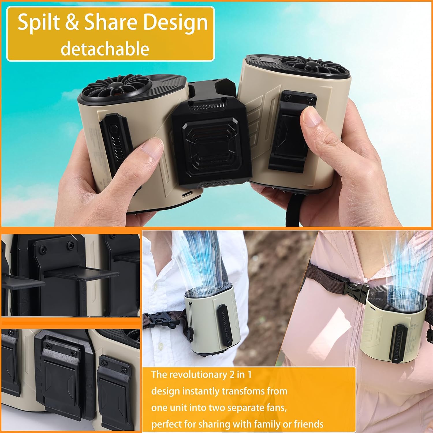 Portable Waist Fan Detachable Double Fan Combination Turbo Technology10000 mAh 5-Speed 13000RPM Clip On Belt Wearable Personal Neck Fan for Traveling Outdoor Jobsite Camping