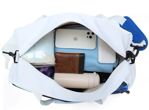 Blue and White Duffle Bag