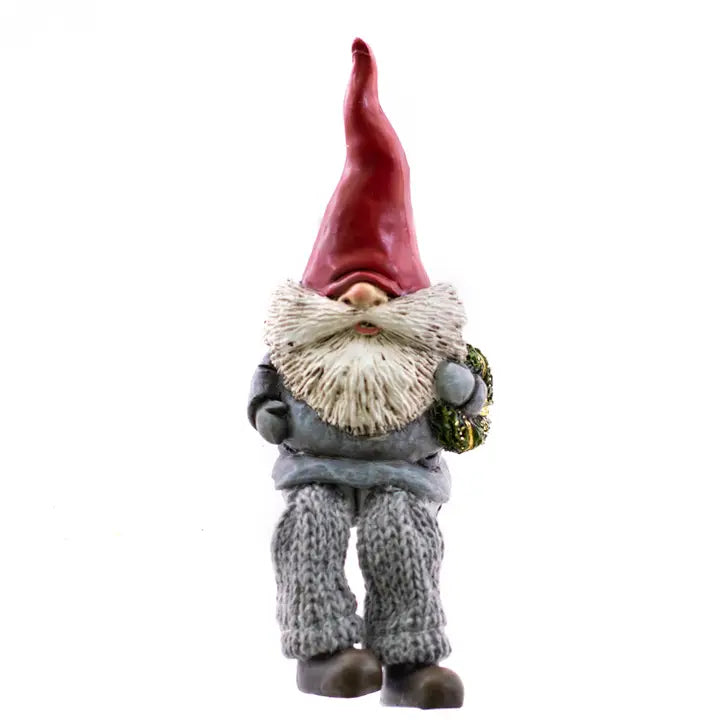 Resin Sitting Gnome Holding A Christmas Wreath