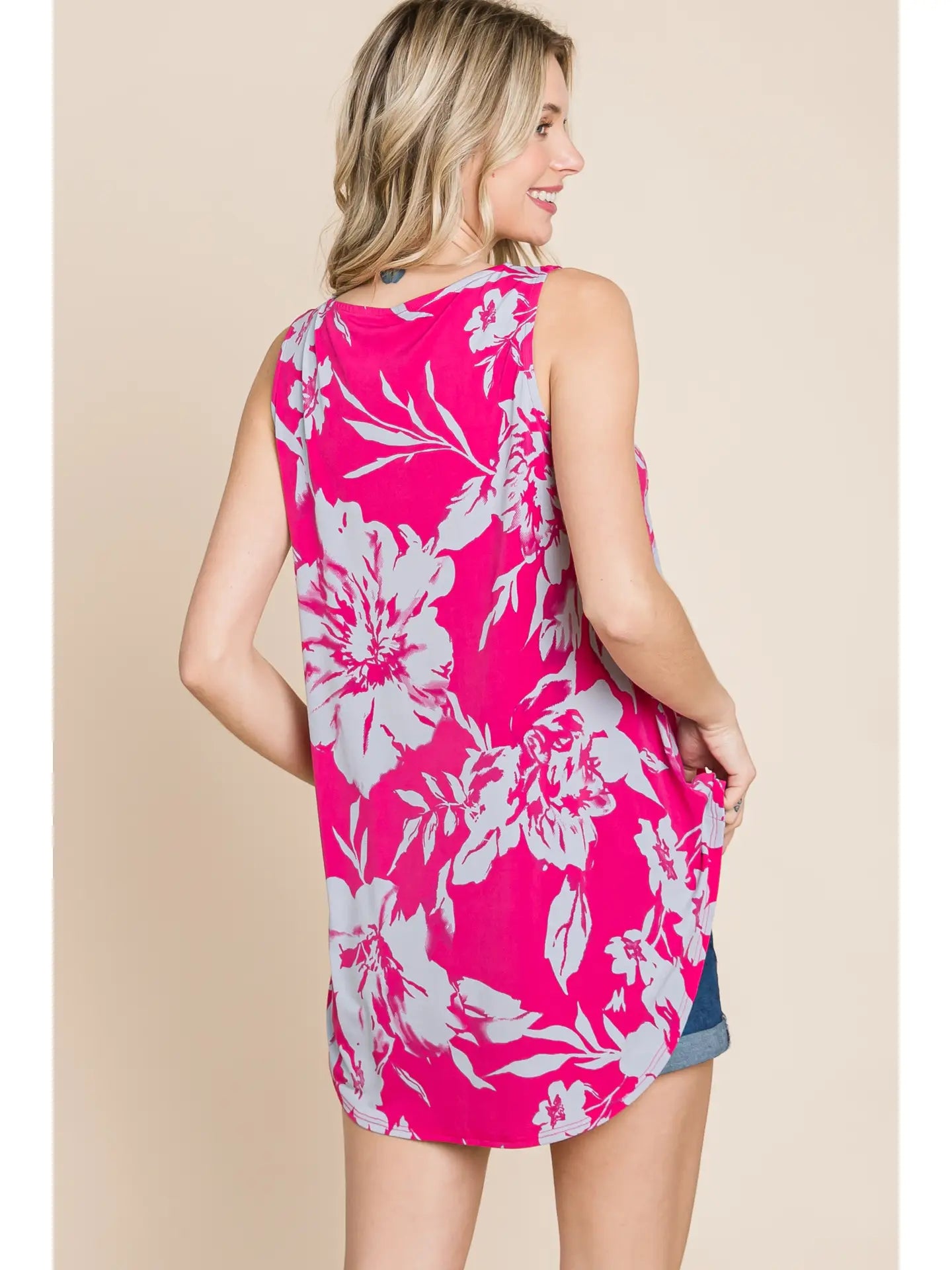 Plus Size Floral Sleeveless Hi-Low Top-Hot Pink