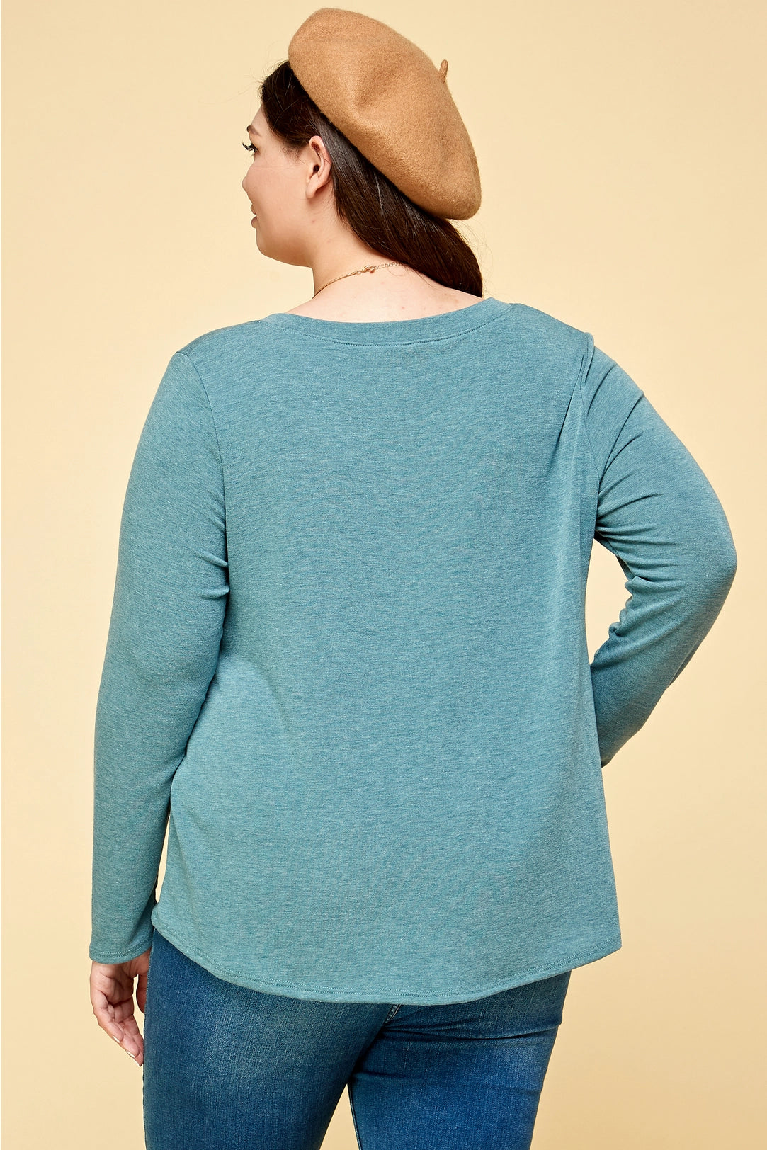Plus Size Solid Long Sleeve Basic Top-Teal