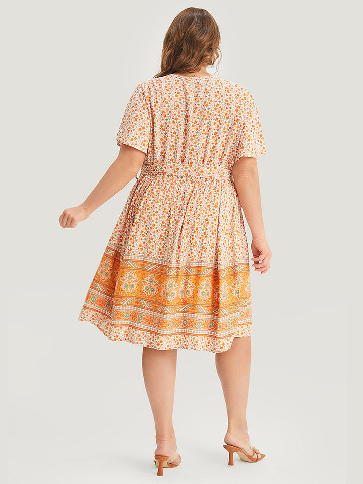Bandana Print Belted Pocket Flutter Surplice Neck Knee Dress - Orange