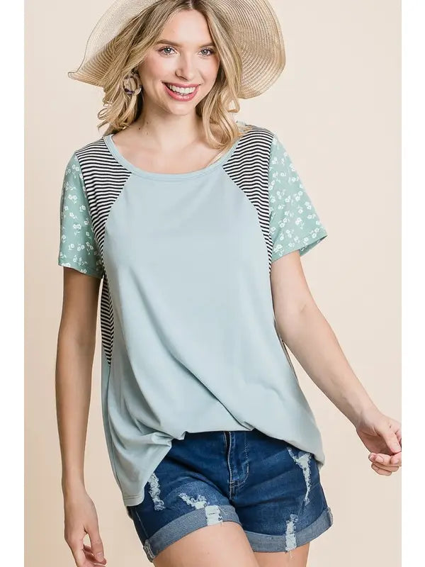 Plus Size Floral Striped Sleeves Casual Top-Sage