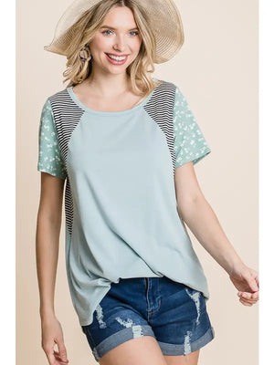 Plus Size Floral Striped Sleeves Casual Top-Sage