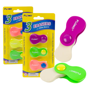 3pc Erasers W/ Clip Assorted colors