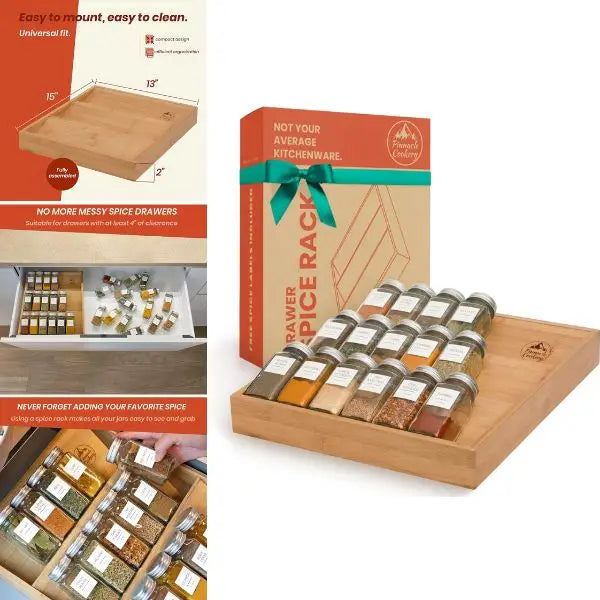 Pinnacle Cookery - Adjustable Spice Rack - 100% Bamboo - 2"x13"15"