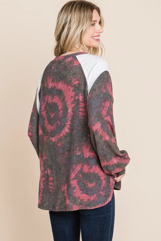 Cashmere Tie Dye Balloon Sleeves Top- Charcoal/Burgundy-Size Small
