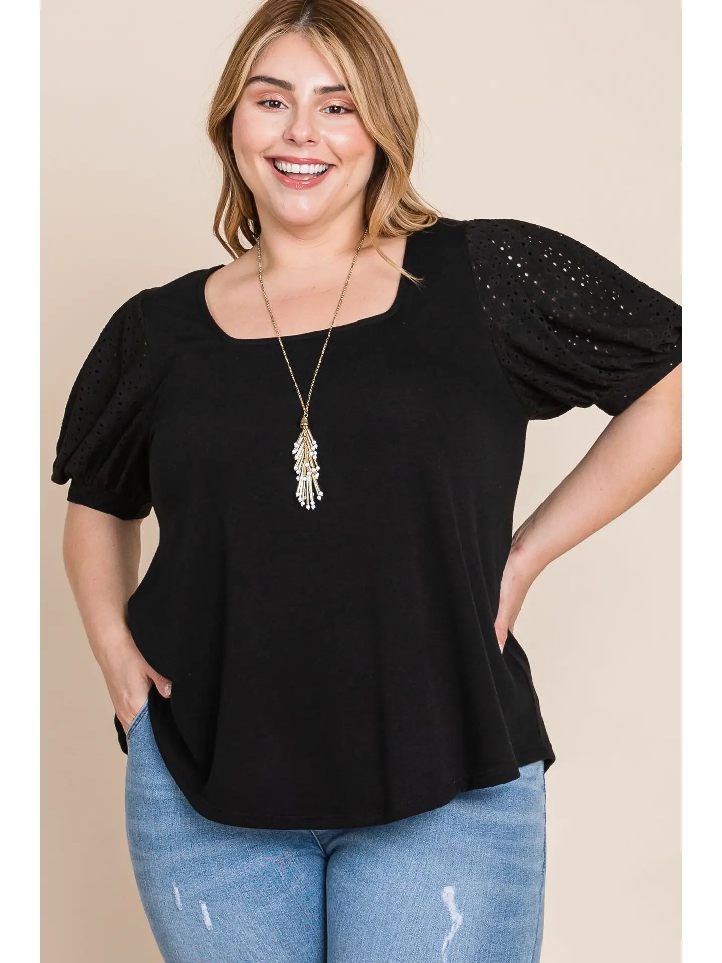 Plus Size Eyelet Bubble Sleeves Solid Knit Top-Black-Size 1X