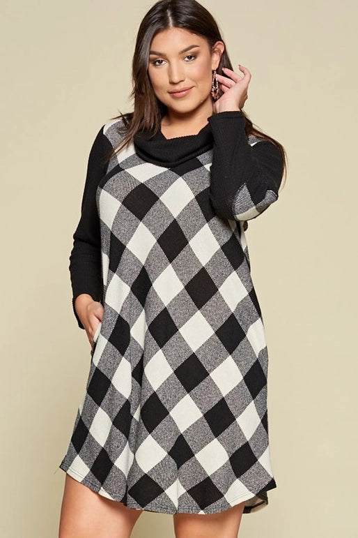 Plus Size Buffalo Plaid Dress with Elbow Patches-Ivory/Black