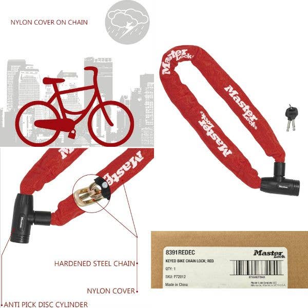Master Lock - 28" Insulated Heavy Gauge Keyed Bike Chain Lock - Red - Comes With 2 Keys