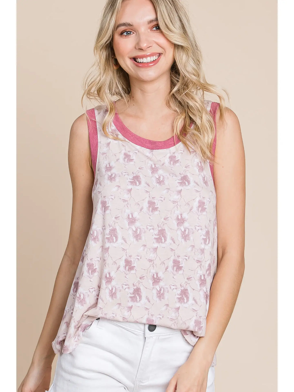 Plus Size Floral Tunic Tank with Accent Trim-Taupe