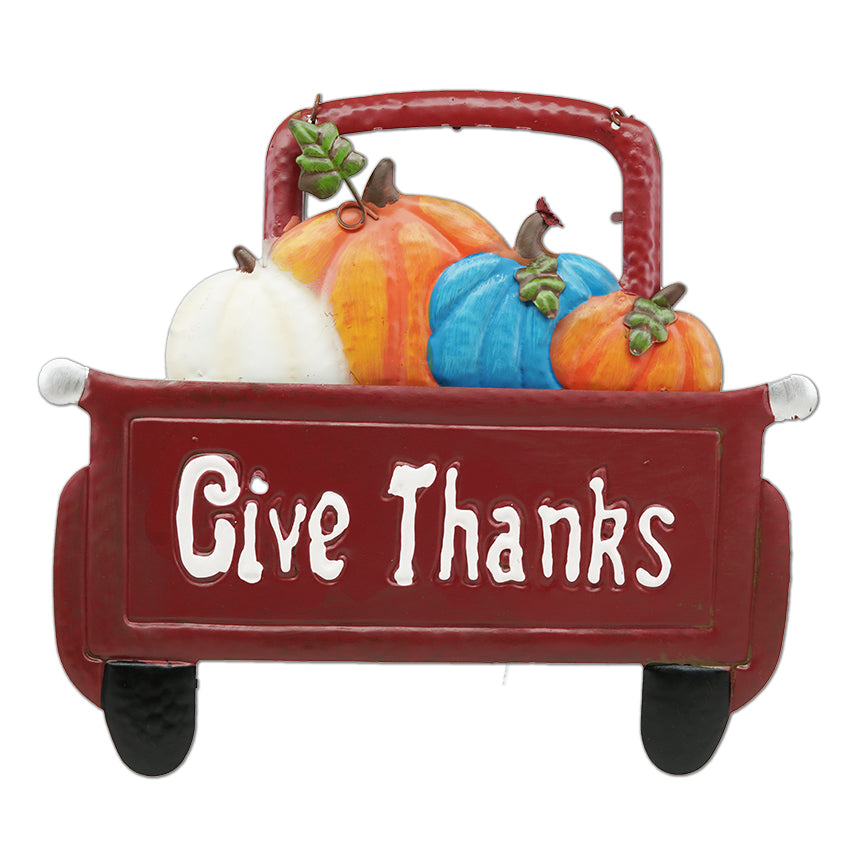 METAL RED HARVEST PICKUP TRUCK WALL PLAQUE-12"X14.75"