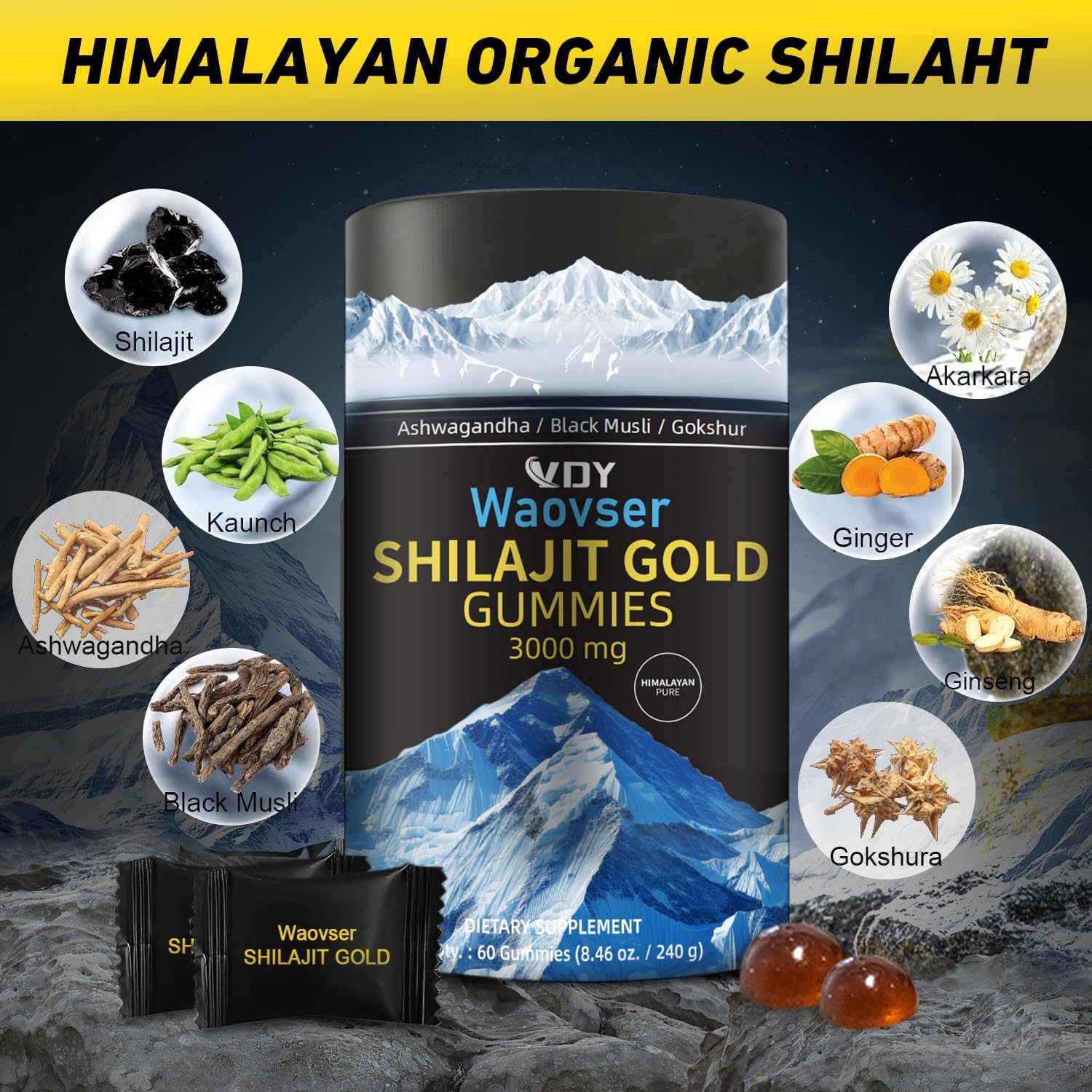 2 Packs Himalayan Shilajit Gummies, Ashwagandha Gummies, with Black Musli, Gokshura, Ginger, Ginseng, Fulvic Acid 85 Micronutrients, Men and Women, No Added Sugar, 100% Natural Organic, 120 Gummy﻿