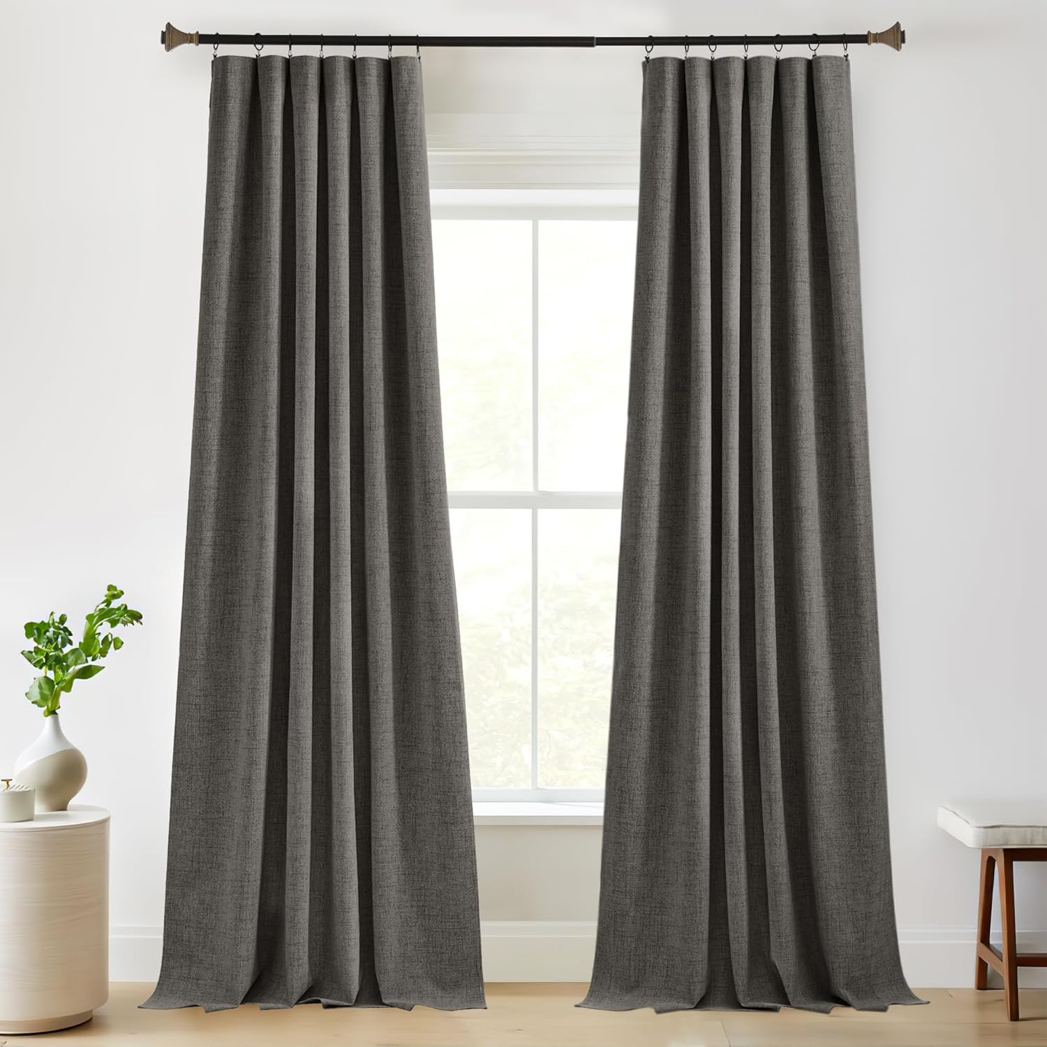 Grey Linen Textured Full Blackout Curtains 96 inches Long, Burlap Look Privacy Bedroom Curtains & Drapes Neutral Insulating Energy Saving Drapes for Living Room, W52xL96, Set of 2