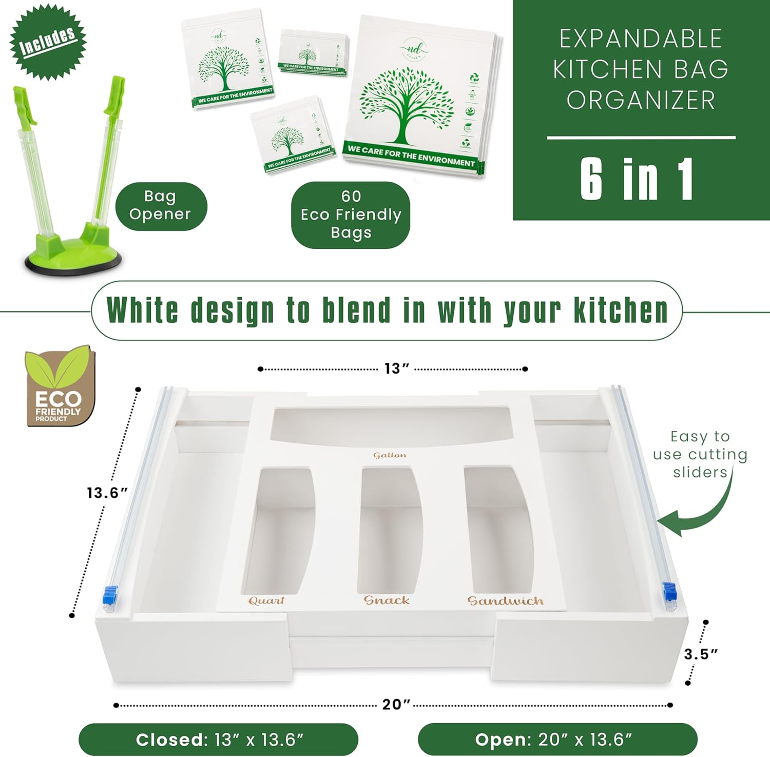 Sandwich Bag Organizer For Drawer - 6 in 1 Bamboo Foil and Baggie Storage Organizer - No Assembly Required - Includes 60 Eco Bags & Baggie Holder - Suitable for Wall & Drawer Storage